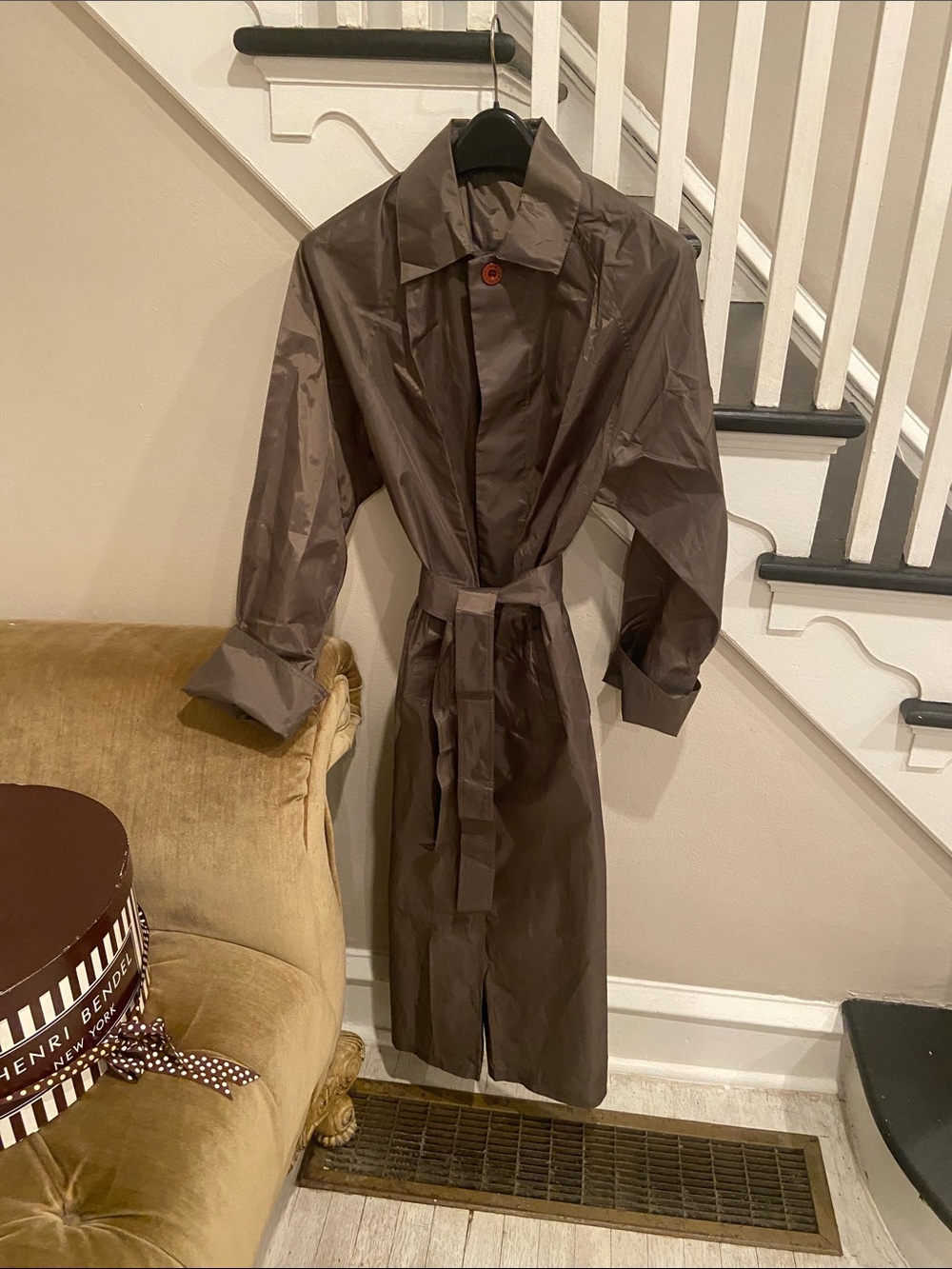 Longchamp ladies Brown-Gray Long Raincoat with Button Front comes with pouch. M